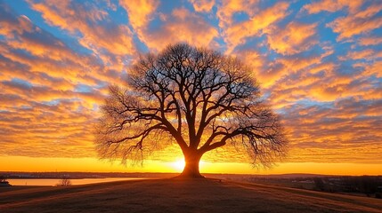 Majestic Silhouette of a Large Tree Against a Dramatic Sunset Sky with Vibrant Colors