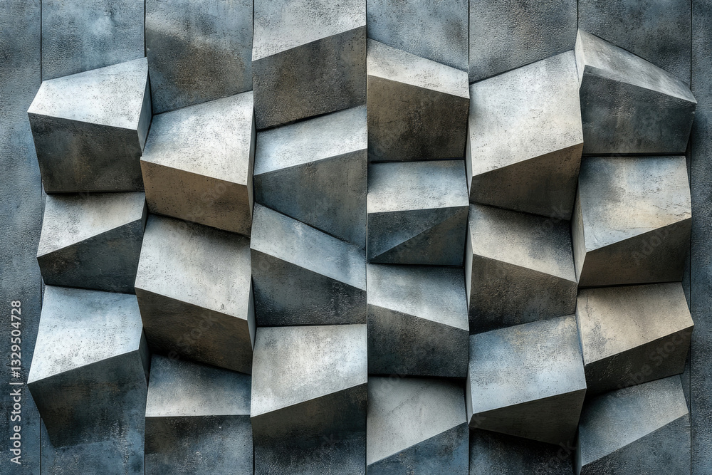Poster Abstract geometric gray concrete wall with angular, textured blocks creating a three-dimensional effect.