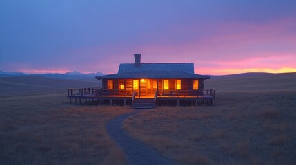 Rustic cabin at sunset