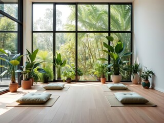  Peaceful Meditation Space with Floor Cushions, Greenery, and Large Windows in a Modern Home