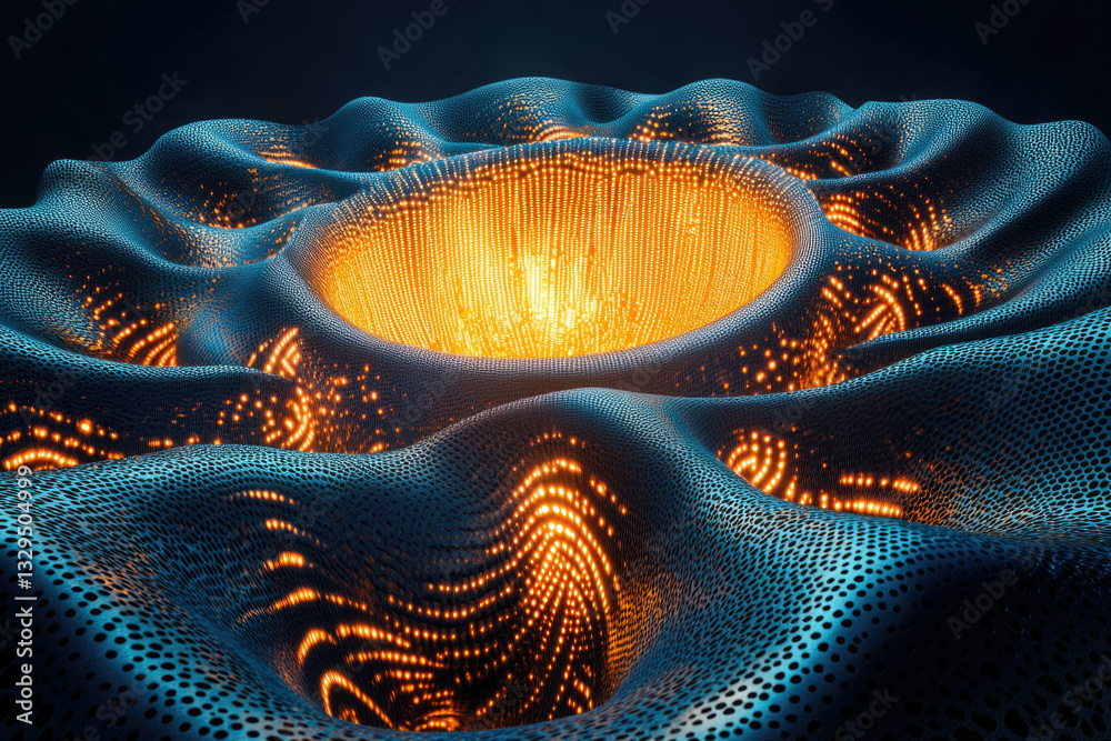 Poster abstract 3d render of a dark blue, undulating surface with glowing orange lights, resembling a digit