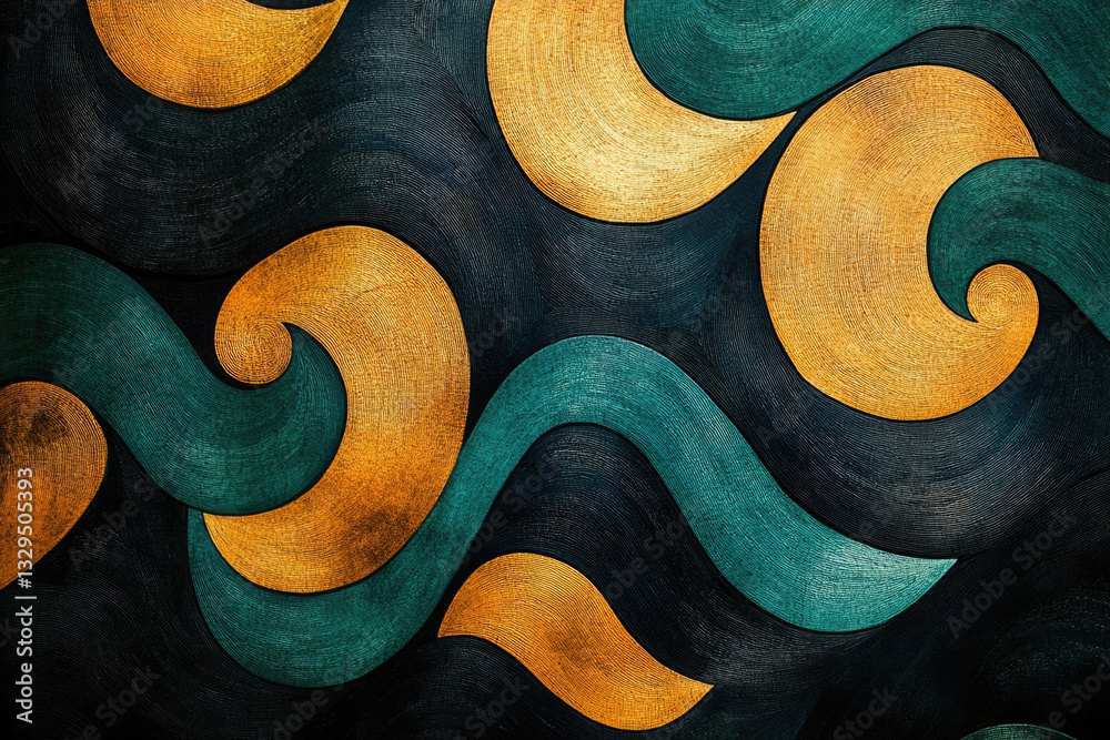 Poster abstract art with swirling teal and gold waves on a dark background.