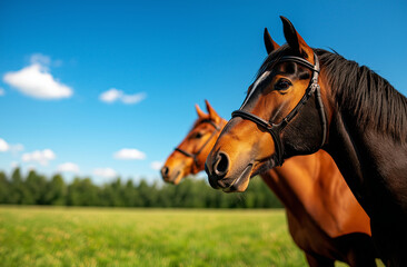 Obraz premium Horses in summer field with blue sky and clouds, showcasing their beauty and grace. scene captures essence of nature and tranquility