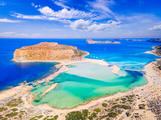 Crete, Greece. Amazing landscape with Balos Lagoon beach and Gramvousa island, Aegean Sea beautiful summer holiday.
