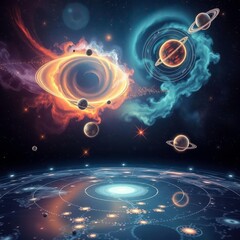  Glowing Cinematic Holographic Celestial Map with Nebula Swirls and Planetary Orbits