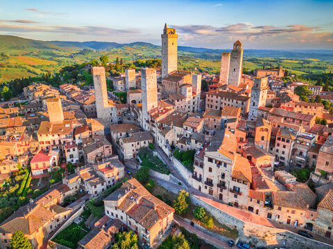 San Gimignano, Italy. Picturesque aerial view of medieval city in Tuscany.