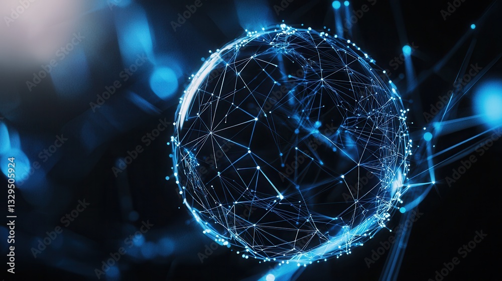 Poster a futuristic 3d rendering of a luminous digital sphere symbolizing the interconnected nature of glob