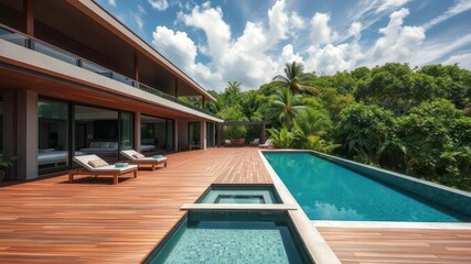 Fototapeta premium Beach House with a Large Deck, Infinity Pool, and Lush Green Surroundings