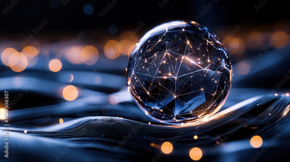Poster a 3d rendering of a vibrant glowing digital sphere with interconnected points and lines symbolizing 