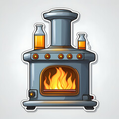 A Whimsical Steampunk Stove With Vibrant Flames Merrily Warming Two Amber Bottles, A Charming Cartoon Illustration With A White Background