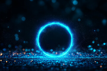 glowing blue ring portal surrounded by shimmering particles on dark background creates mystical atmosphere. This captivating scene evokes sense of wonder and exploration