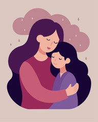 Mother's Day Love: A Tender Embrace Between Mom and Daughter on a Rainy Day Hug Warm Care Girl Happy