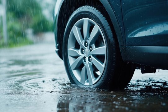 Close-up of car tire on wet road during heavy rain, water splashes around the wheel, creating ripples. - Powered by Adobe