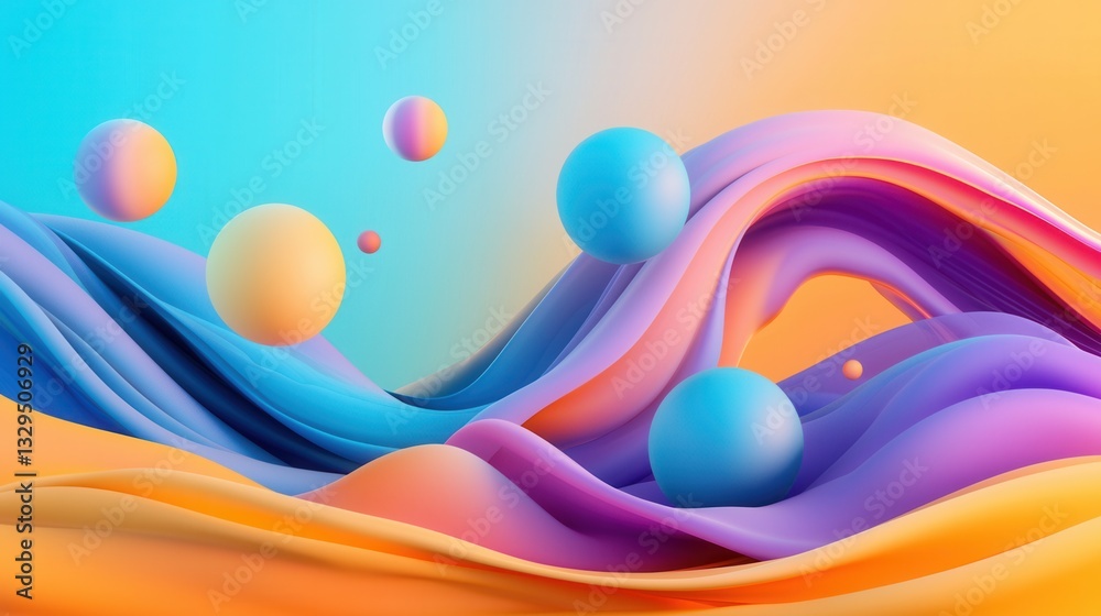 Poster mesmerizing 3d render of an abstract dynamic composition featuring vibrant iridescent spheres floati