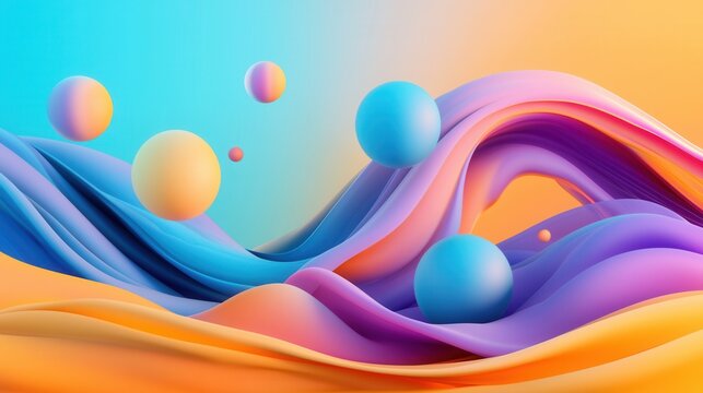 Mesmerizing 3D render of an abstract dynamic composition featuring vibrant iridescent spheres floating amidst swirling liquid like forms and waves in a gradient of captivating colors