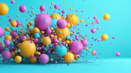 Vibrant and dynamic abstract composition featuring a swirling display of colorful liquid and floating spherical particles creating a mesmerizing and captivating visual experience