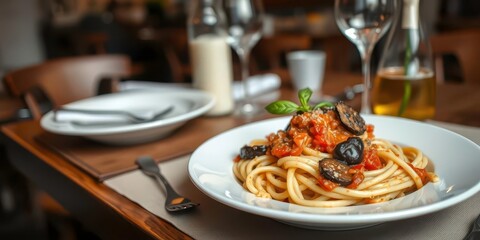  Pasta Alla Norma with Eggplant and Tomato Sauce in Cozy Dining Room