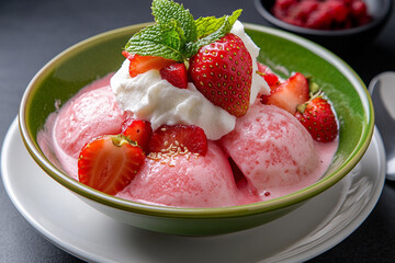 korean bingsu, with strawberries on top of white cream and pink ice in a bowl with a green rim