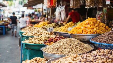 A bustling farmers market with vendors selling organic dried mango, raw nuts, and handmade granola.