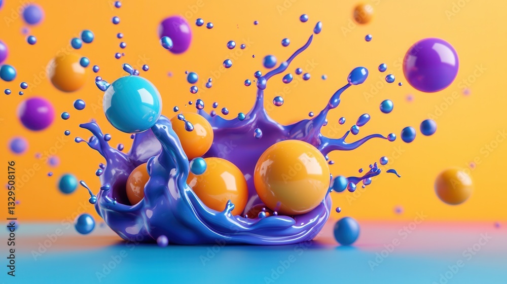 Poster a vibrant and energetic composition featuring a dynamic splash of colorful balls and spheres floatin