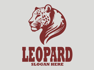 Dark red leopard head vector illustration with distinctive spots and pointed ears on a light grey background. leopard head vector illustration view with elongated  background. Animal design 