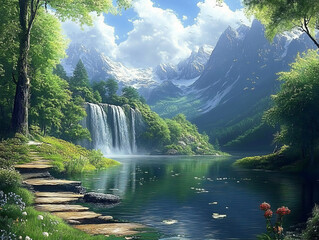 waterfall cascading into a serene lake surrounded by lush trees and majestic mountains.