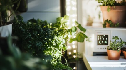 High tech vertical hydroponic garden in a smart home showcasing leafy greens in compact stacked modules