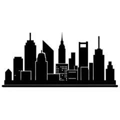 Obraz premium A flat, black and white cityscape illustration with a collection of various skyscrapers and other architectural elements