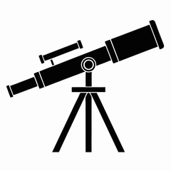 A flat, black and white illustration featuring a telescope on a tripod stand