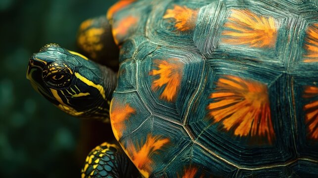 A close up portrait of a turtle showing patterns and color