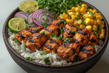 Fototapeta premium Grilled Chicken Bowl with Rice Corn Red Onion Lime and Cilantro Garnish