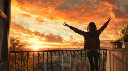 Fototapeta premium Silhouette of Person on Balcony at Sunset Over City