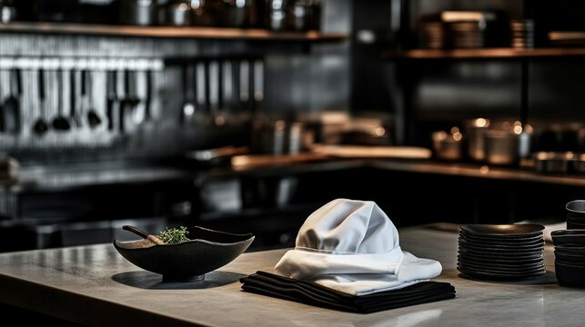 A chefs hat and apron neatly folded beside an array of pristine kitchen tools, symbolizing the dedication of culinary artistry.