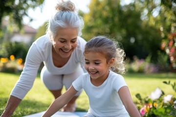 A delightful moment where a grandmother guides her granddaughter through a playful exercise routine in a flourishing garden, highlighting the joy of fitness and learning.