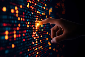 hand touching glowing digital code, surrounded by vibrant data patterns, symbolizes interaction with technology and information