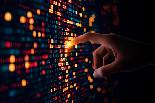 hand touching glowing digital code, surrounded by vibrant data patterns, symbolizes interaction with technology and information