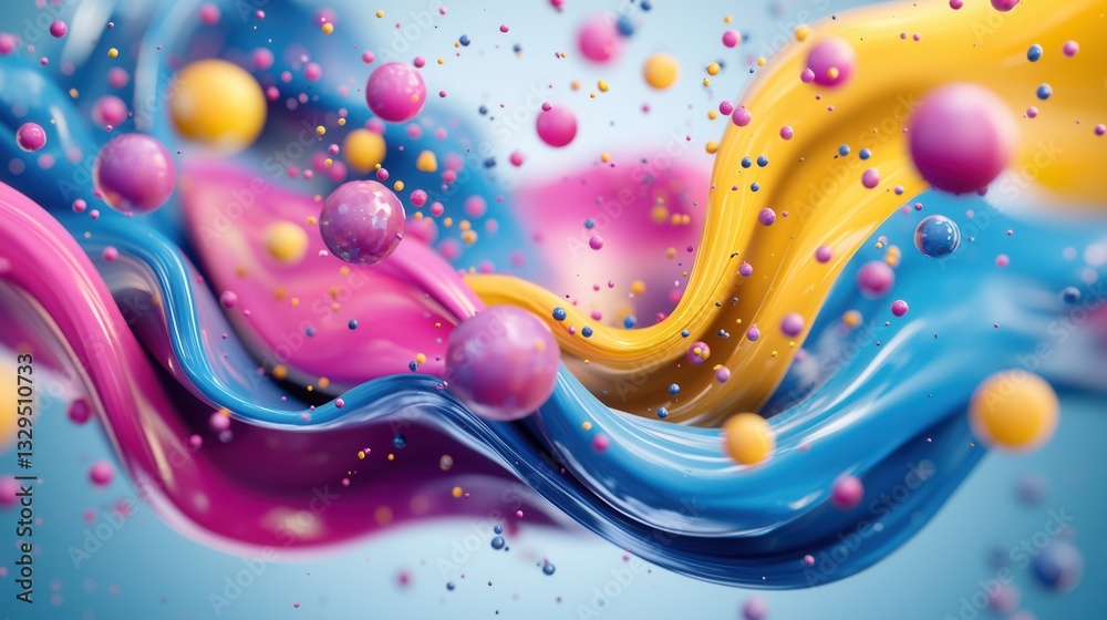Poster mesmerizing abstract composition featuring a dynamic blend of colorful fluid like particles and sphe