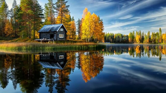 Holzh&uuml;tte am ruhigen See mit Herbstfarben