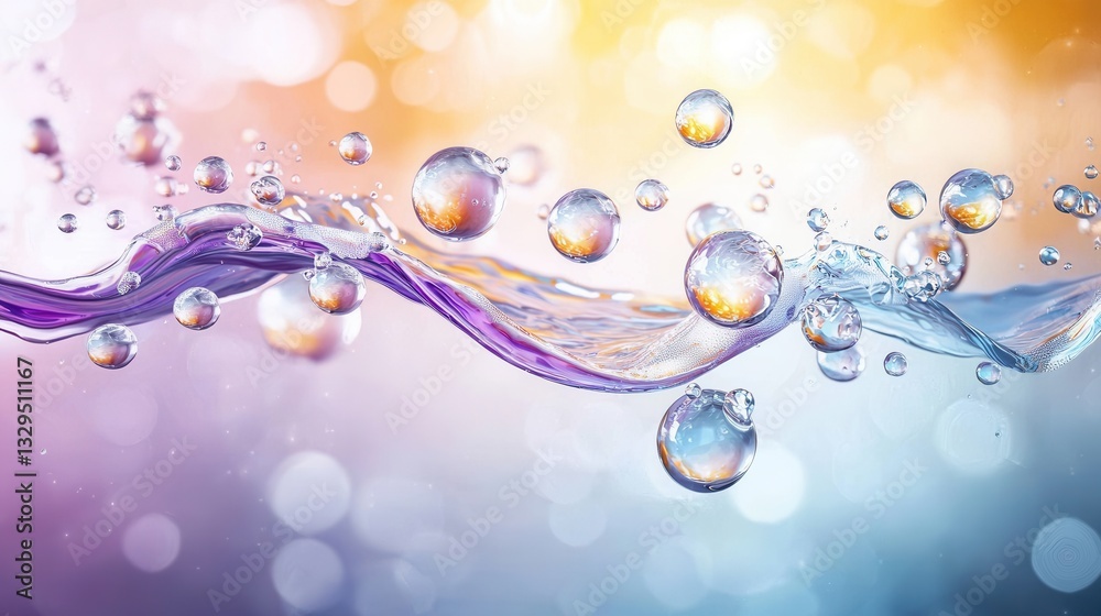 Poster image featuring wavy iridescent floating spheres surrounded by splashing and flowing water with a soft colorful bokeh background