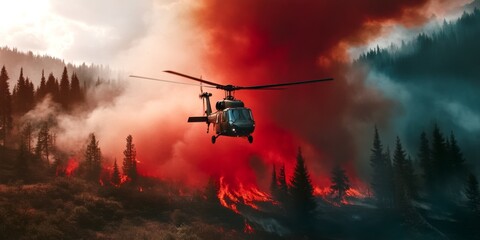 Fototapeta premium A helicopter fights a fierce wildfire surrounded by smoke and flames. The scene captures the intensity of nature and human effort. It depicts urgency and bravery in action. AI