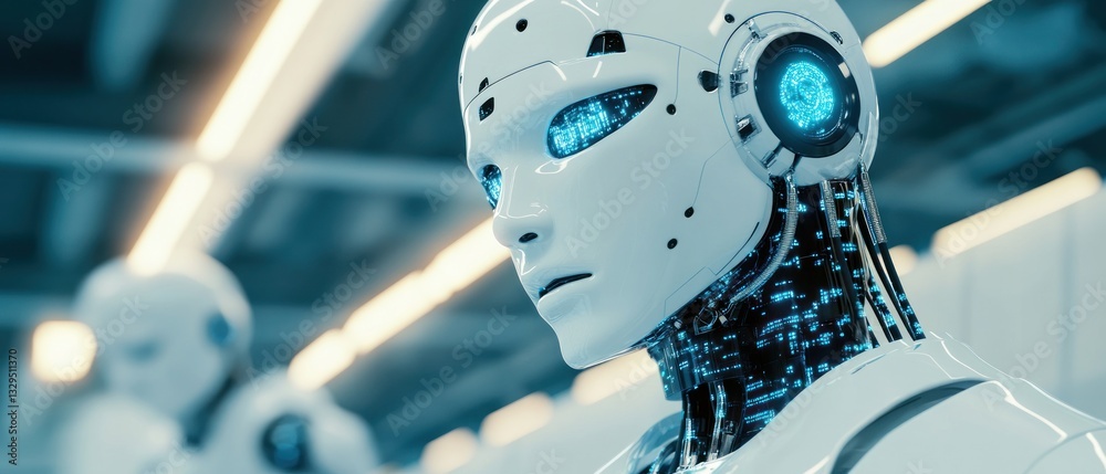 Poster futuristic robots in a high-tech workspace setting