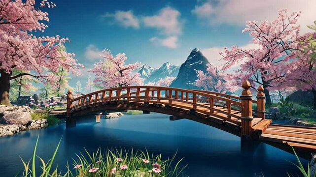 Japanische Br&uuml;cke mit Kirschbl&uuml;ten am See