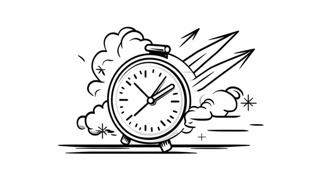 Hand-Drawn Illustration: Exploding Alarm Clock, Speed and Time Concept AI Generated