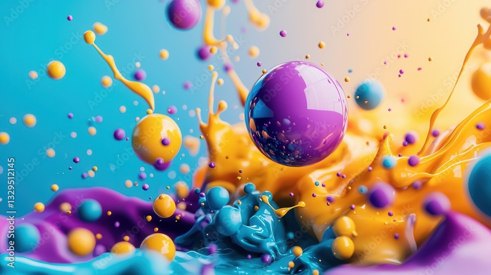 Poster mesmerizing 3d surreal abstract art composition featuring floating spheres vibrant splashing colors 
