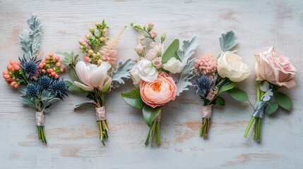A wedding bouquet, boutonnieres, and accessories delicately placed on a light wooden surface