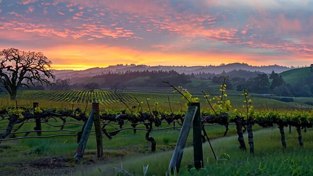 Weinberge unter farbenfrohem Abendhimmel