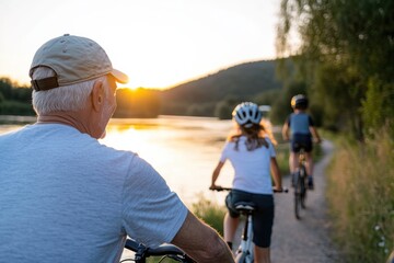 A grandfather enjoying a bike ride with two children along a scenic riverbank at sunset, highlighting the beauty of family connections and outdoor activities.