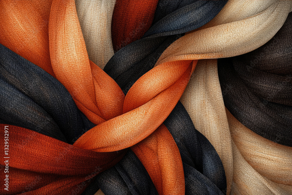 Poster abstract artwork of interwoven fabric ribbons in earthy tones, creating a visually captivating textu