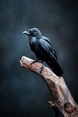 Moody acrylic painting of a raven. Bold, expressive strokes define its feathers. The raven perches on a weathered branch against a deep, dark midnight blue and black background