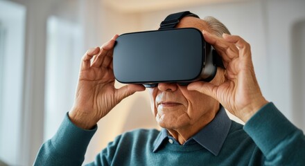 Elderly caucasian male engaging with virtual reality technology indoors